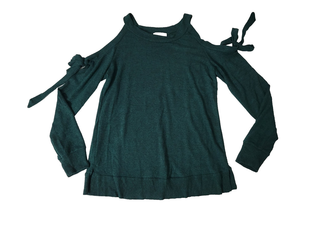 Belle + Sky Womens Small Dark Green Cold Shoulder Tie Sleeve Ruffle Sweater